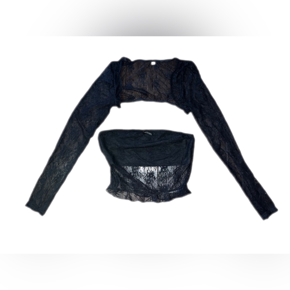 CSDAJIO Women's 2 Piece Set Sexy Floral Lace Long Sleeve Square Neck Crop Top